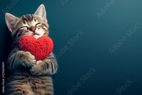 Bengal - my preferred cat. Ad visual idea. Cute bengal feline infant with fluffy red heart - emblem of love, funny greeting card. Valentine's day love theme. Romantic animal valentine concept. photo