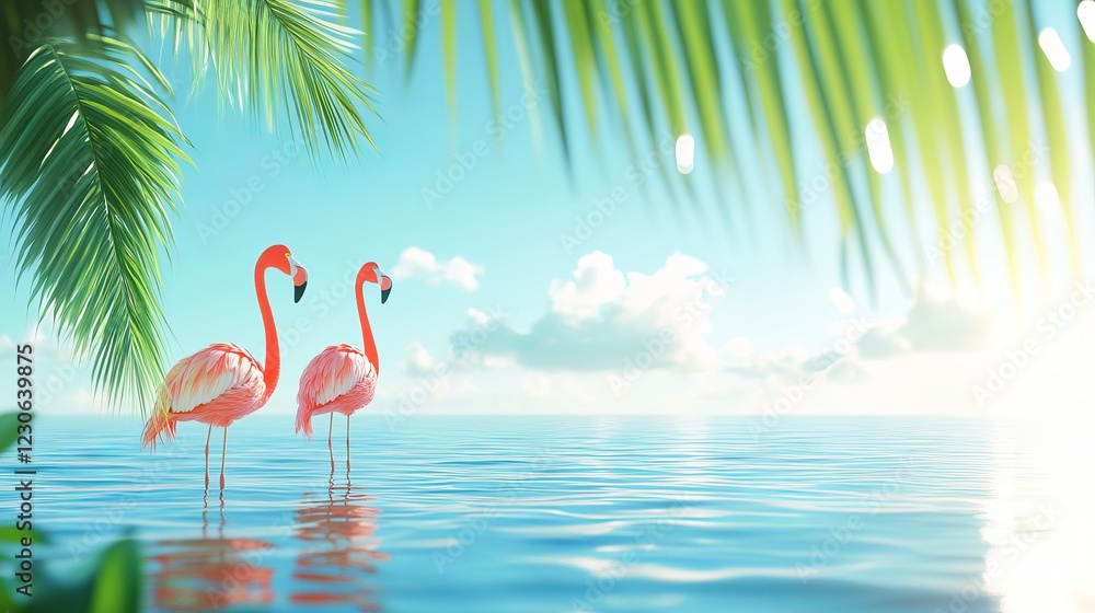 Fototapeta premium Flamingo birds stand in calm blue water under a sunny sky. Coconut tree leaves hang in the foreground.