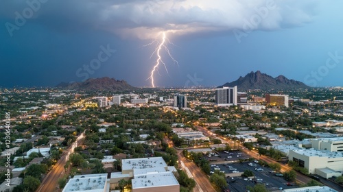 A powerful lightning bolt electrifies the night sky, casting a striking brightness over the cityscape and rugged mountains beyond. photo