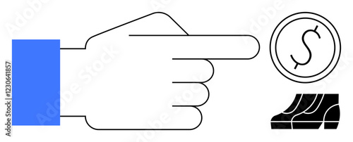Index finger pointing right toward a coin and an upward trending graph symbolizing financial growth. Ideal for business, finance, investments, marketing, economic trends, success strategies
