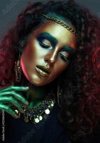 Stunning woman with golden makeup and vibrant accessories, showcasing beauty photo