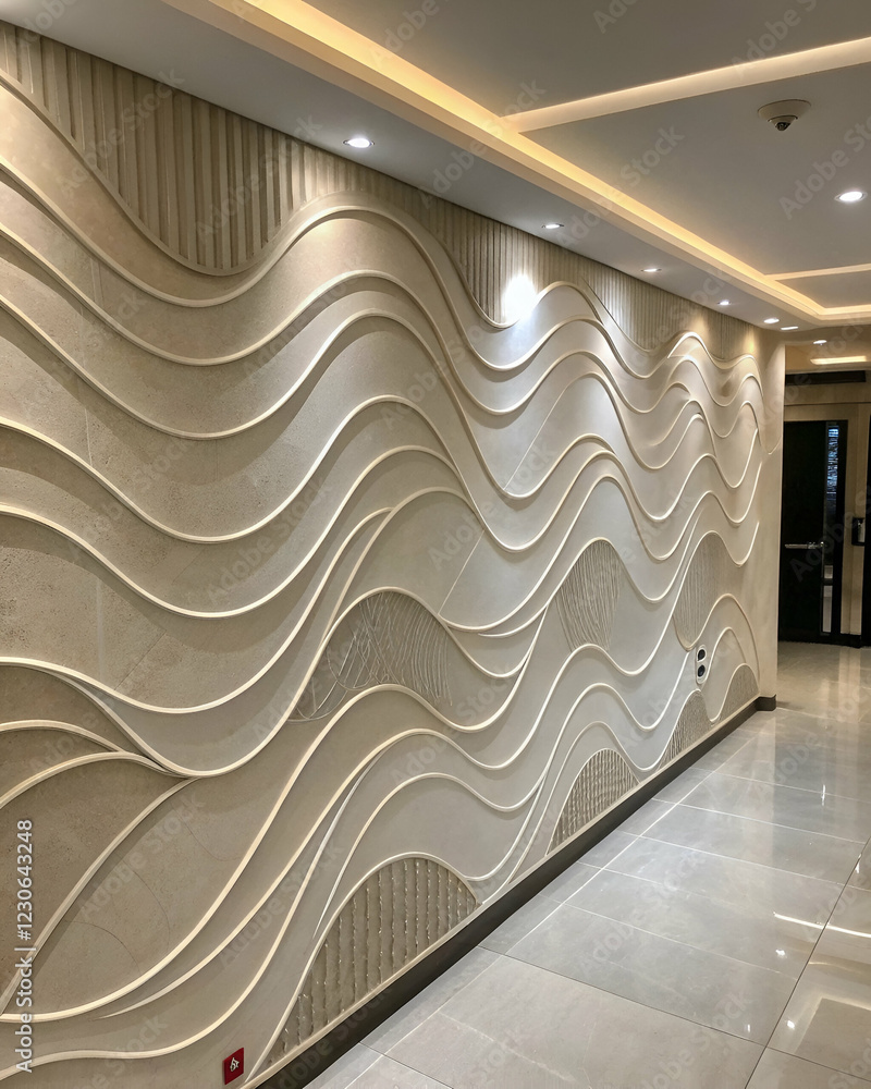 Obraz premium A modern interior wall featuring elegant wave patterns and soft lighting, creating a stylish and sophisticated ambiance.