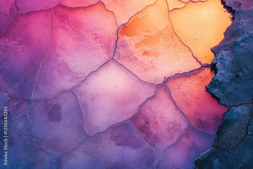 Fototapeta premium Abstract image of cracked earth in vibrant purple, pink, and orange hues, showcasing a textured surface.