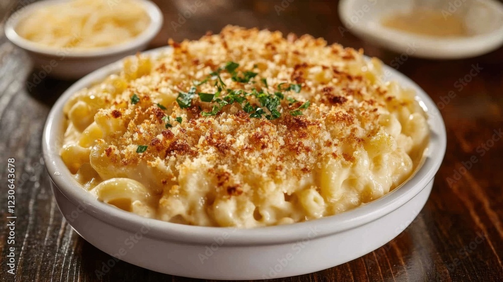 A plate of creamy mac and cheese with a crispy breadcrumb topping and a sprinkle of fresh herbs, served in a white ceramic dish, Mac and cheese centered A plate of creamy mac and cheese with a crispy breadcrumb topping and a sprinkle of fresh herbs, served in a white ceramic dish, Mac and cheese centered