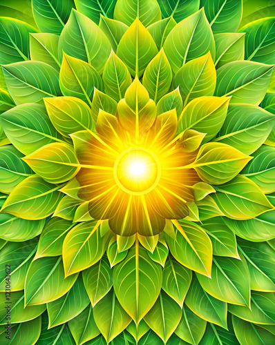 A vibrant arrangement of green leaves radiating from a central glowing light, symbolizing nature's beauty and energy.