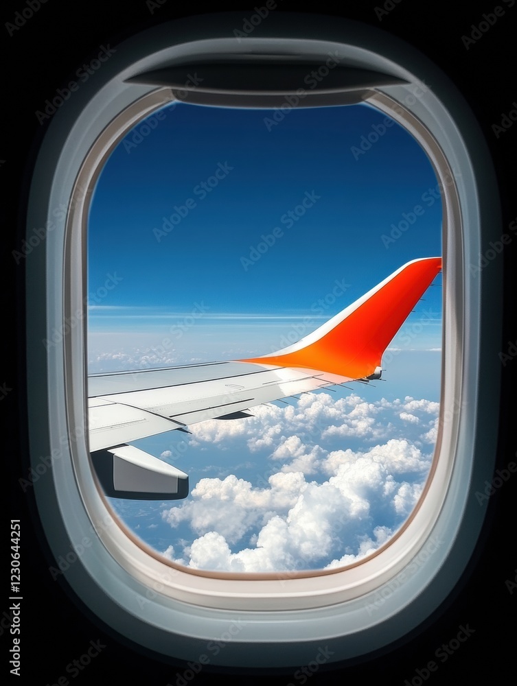 Views from an airplane window featuring a wing and fluffy clouds in a bright blue sky above. Generative AI Views from an airplane window featuring a wing and fluffy clouds in a bright blue sky above. Generative AI