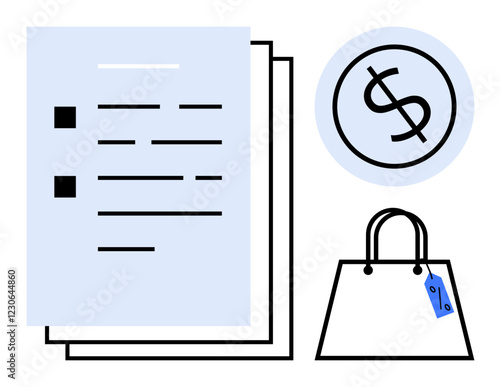 Financial documents beside a shopping bag with a price tag and a dollar sign, representing budgeting and financial planning. Ideal for themes budgeting, savings, expenses, consumer behavior, retail