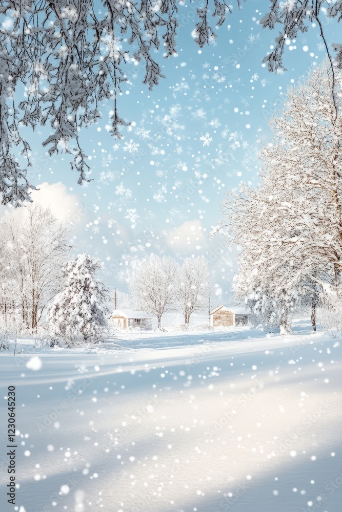 Obraz premium Peaceful winter scene featuring snow-laden trees and cabins, with gentle snowfall under a bright blue sky.