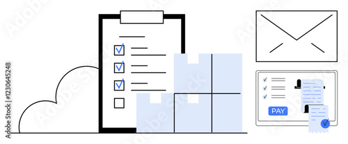 Clipboards with checkmarks, stacked boxes, email envelope, and digital payment screen. Ideal for e-commerce, logistics, digital transactions, delivery services, online payments order tracking