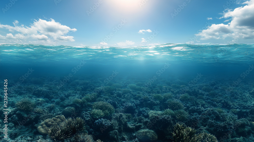 A panoramic view of a coral reef teeming with life, showcasing a variety of vibrant marine species and coral formations. A panoramic view of a coral reef teeming with life, showcasing a variety of vibrant marine species and coral formations.