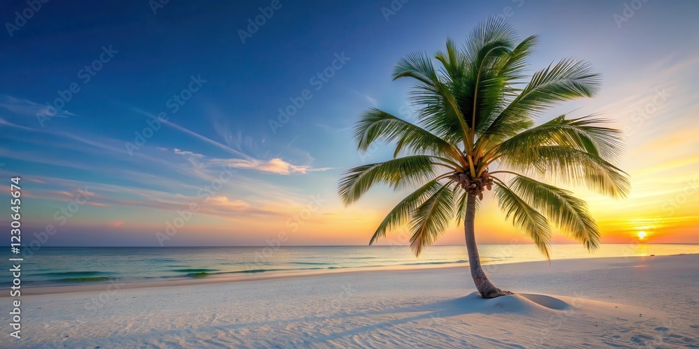 Fototapeta premium Palm tree on white sandy beach at sunrise, nature, landscape, nature, landscape, peaceful