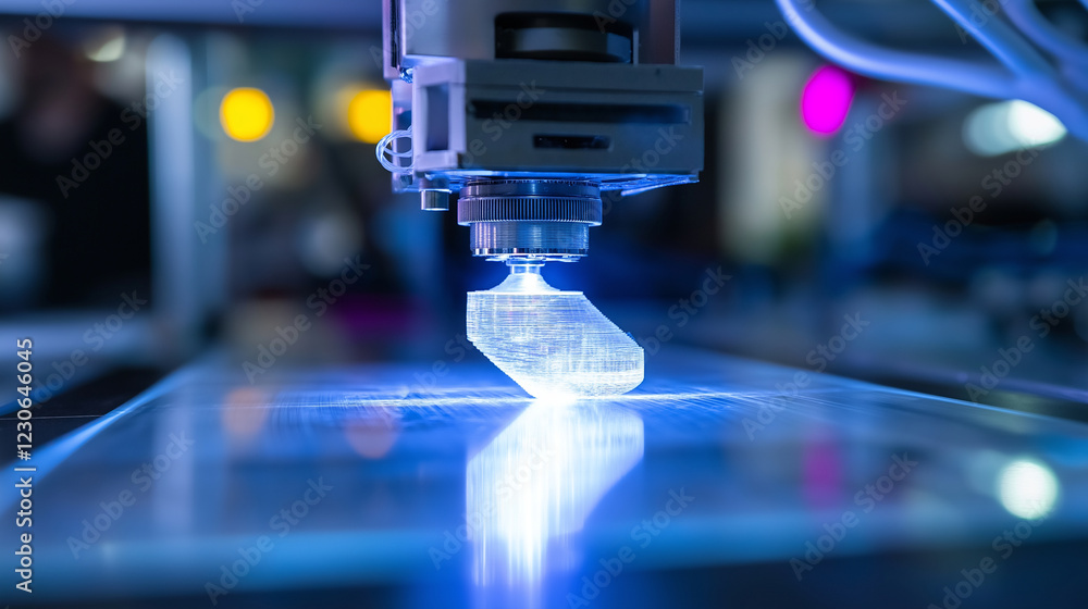 A futuristic 3D printer crafting a mechanical part, with robotic arms assisting in the high-tech manufacturing process.