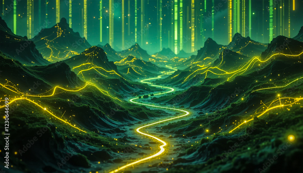 Obraz premium Futuristic Landscape with Glowing Network Lines
