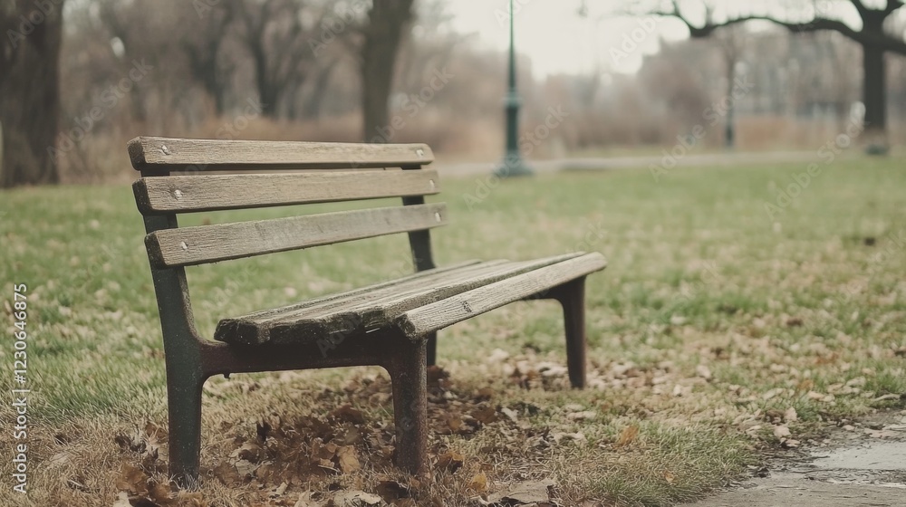 Empty wooden park bench on grassy lawn with fallen leaves in autumn. Empty wooden park bench on grassy lawn with fallen leaves in autumn.
