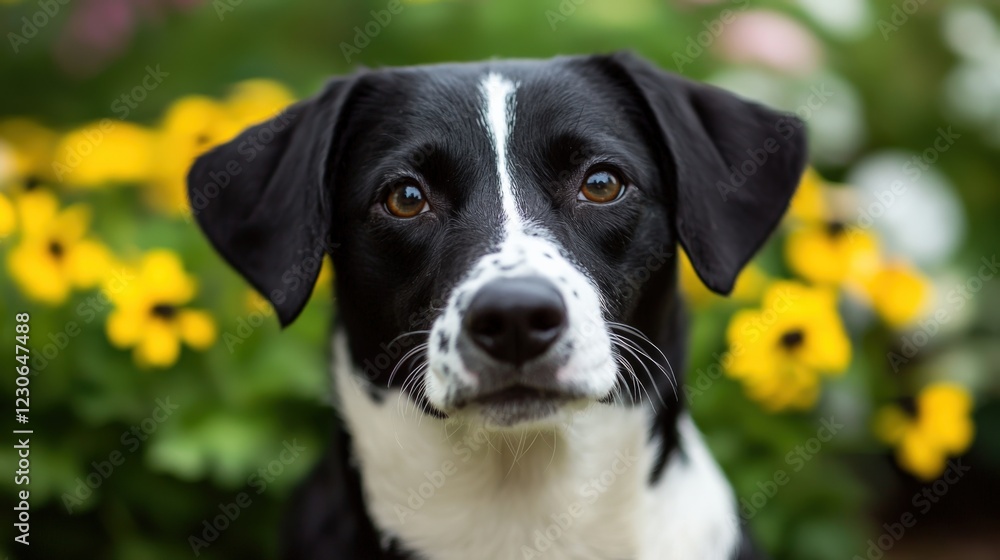Close-Up of Adorable Black and White Dog Surrounded by Colorful Flowers Close-Up of Adorable Black and White Dog Surrounded by Colorful Flowers
