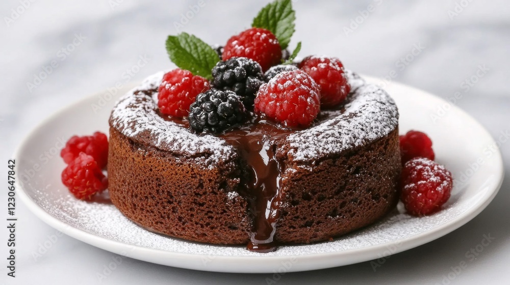 Warm Molten Chocolate Cake Topped with Raspberries and Blackberries Warm Molten Chocolate Cake Topped with Raspberries and Blackberries