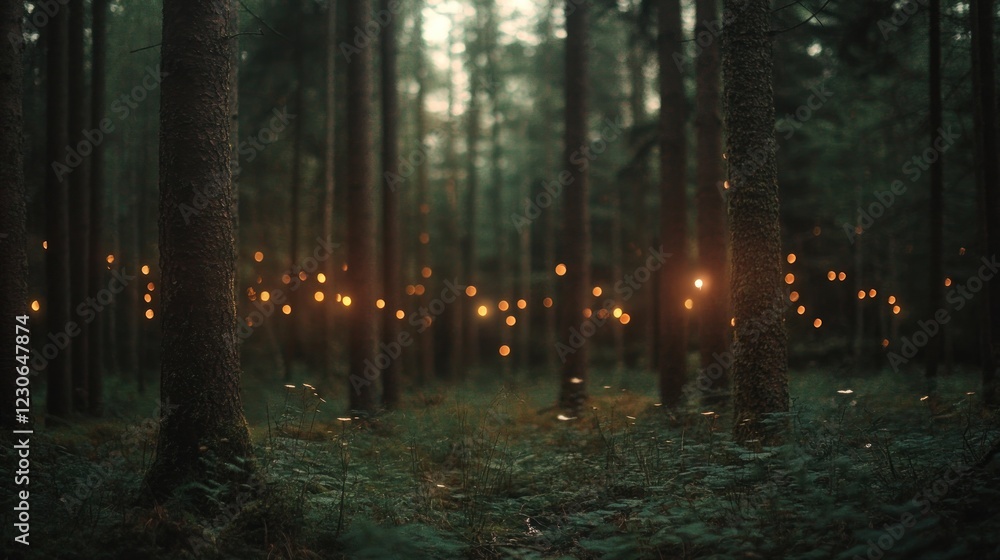 Fototapeta premium Enchanting Forest Lights Glimmering Amongst Trees