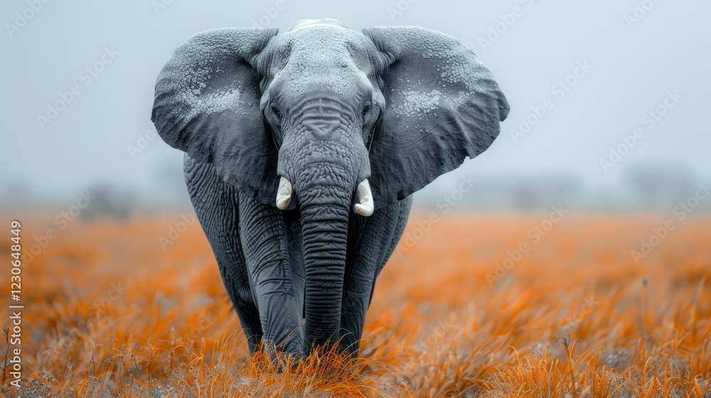 Naklejka premium A large elephant is walking through a field of tall grass