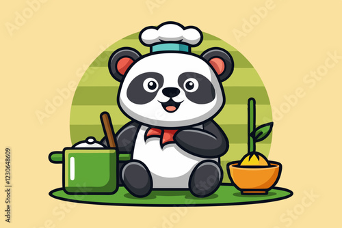 Chef Panda Eating Bamboo Logo in Kitchen Scene