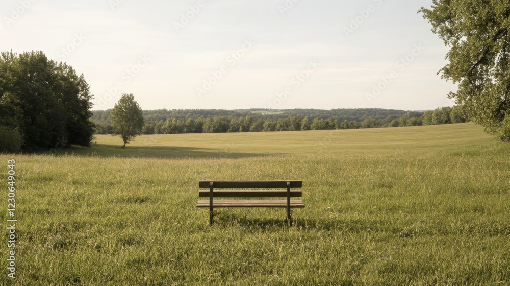 Lonely bench in a tranquil grassy field, overlooking a scenic landscape. Lonely bench in a tranquil grassy field, overlooking a scenic landscape.