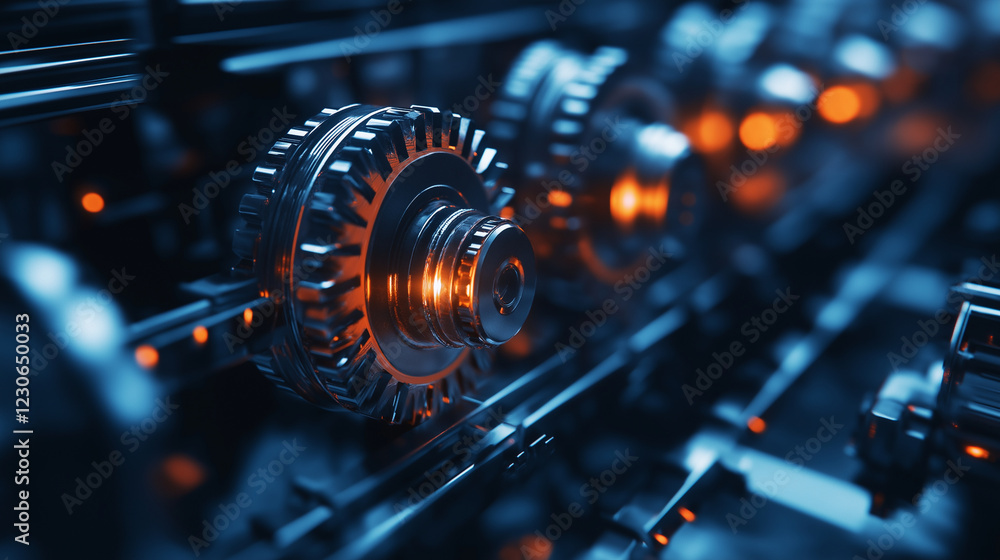 A futuristic industrial machine with glowing gears and cogs operating seamlessly in a high-tech environment. A futuristic industrial machine with glowing gears and cogs operating seamlessly in a high-tech environment.