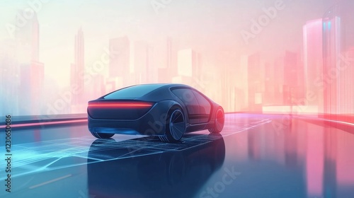 A futuristic car is driving down a road in a city. The car is black and has a red tail light photo