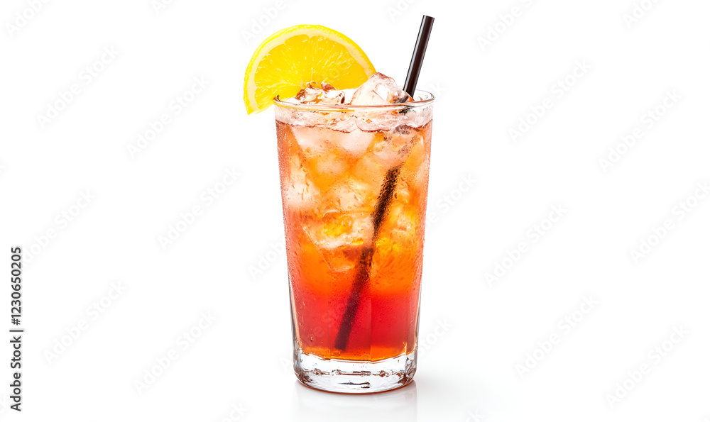 A clear glass filled with bright orange juice, accompanied by a colorful straw, perfect for a sunny day on a white background A clear glass filled with bright orange juice, accompanied by a colorful straw, perfect for a sunny day on a white background