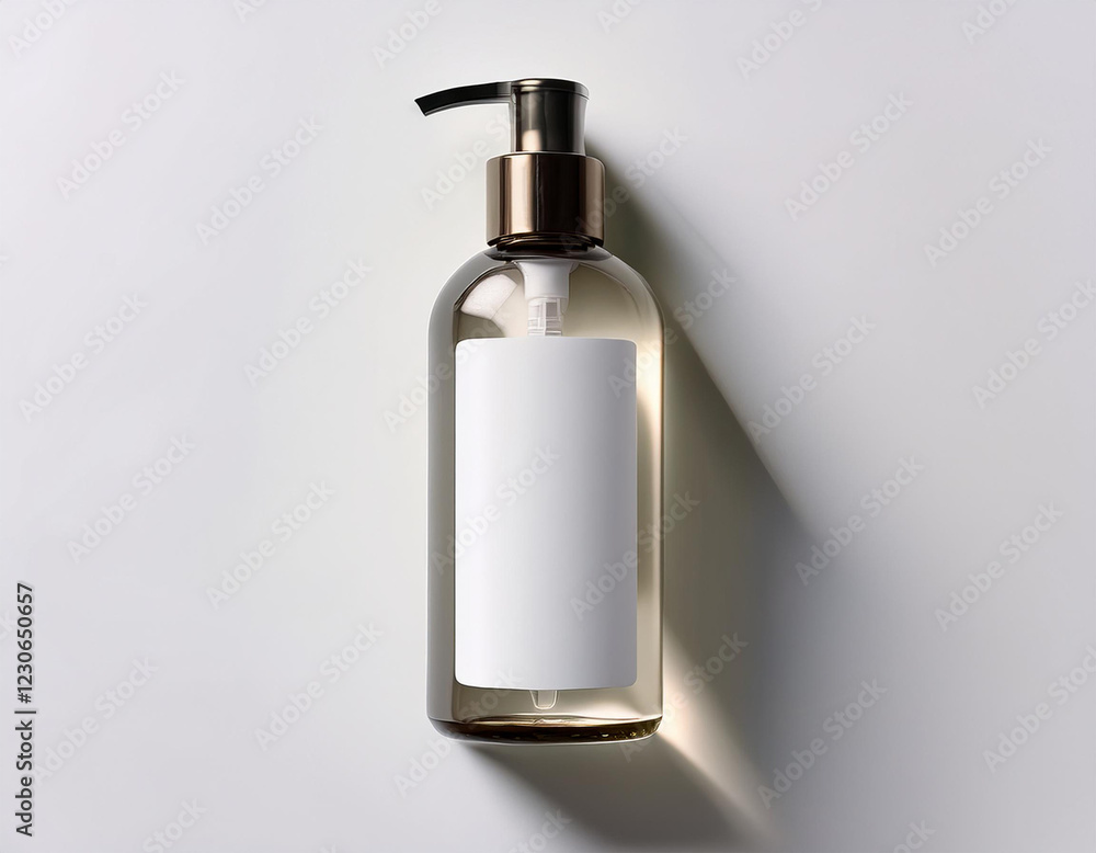 top down view of minimalist facial cleanser bottle its blank white sticker glowing softly on clean flawless white surface top down view of minimalist facial cleanser bottle its blank white sticker glowing softly on clean flawless white surface