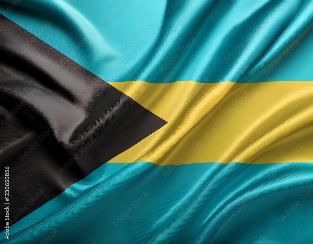 Vibrant Bahamas flag waving with luxurious satin texture - Patriotic and cultural symbol Vibrant Bahamas flag waving with luxurious satin texture - Patriotic and cultural symbol
