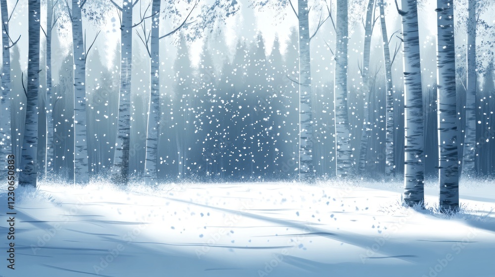 Naklejka premium Snowy Birch Forest Winter Scene Softly Falling Snow