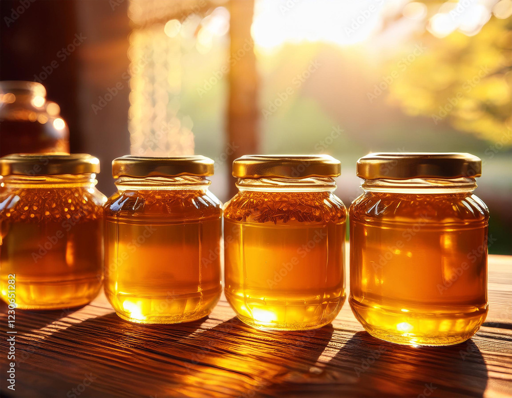 close up of organic honey jars lined up on rustic table golden hues glowing warmly under natural light close up of organic honey jars lined up on rustic table golden hues glowing warmly under natural light