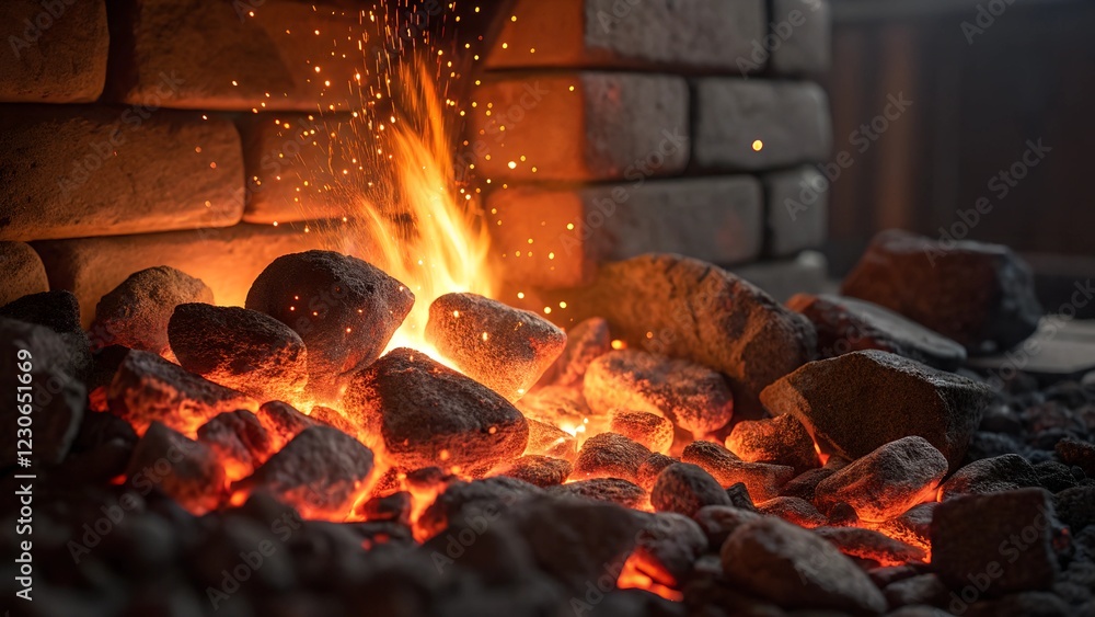 Naklejka premium A cozy brick fireplace with burning logs and glowing embers, creating a warm and inviting atmosphere. The flickering flames provide a sense of relaxation and comfort.