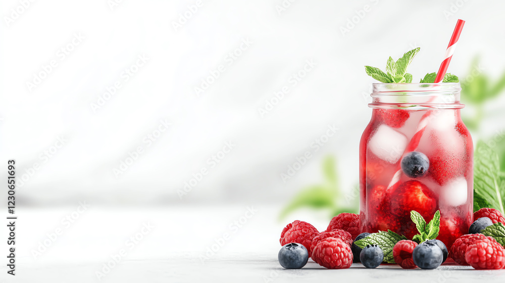 Refreshing fruit beverage with strawberries, blueberries, and mint in a jar, perfect for sunny days and summer gatherings. Refreshing fruit beverage with strawberries, blueberries, and mint in a jar, perfect for sunny days and summer gatherings.