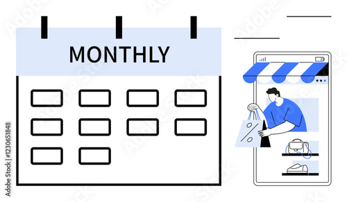Calendar labeled Monthly with a man shopping online via a mobile app, under a storefront awning. Ideal for scheduling, time management, online shopping, e-commerce, digital marketing, retail trends