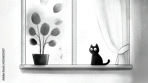   A black cat perched atop a windowsill alongside a potted plant, framing the windowpane