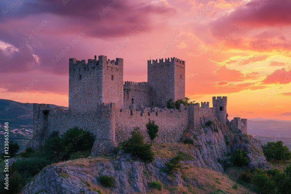 Majestic castle on a hilltop illuminated by a stunning sunset with colorful clouds Majestic castle on a hilltop illuminated by a stunning sunset with colorful clouds