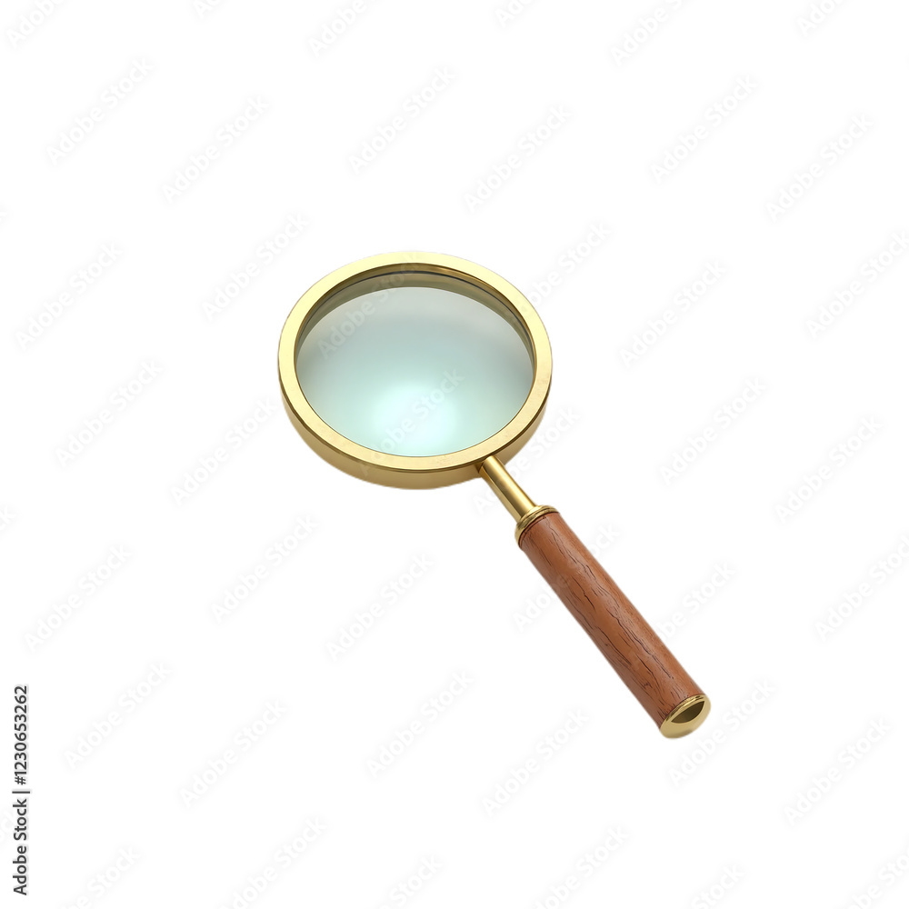 Gold-framed magnifying glass with wooden handle on white background. Gold-framed magnifying glass with wooden handle on white background.