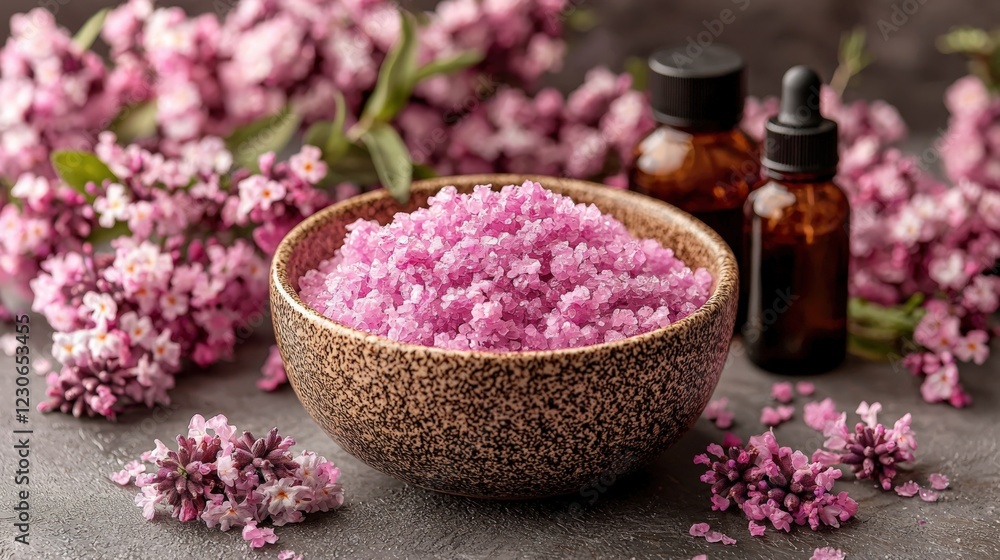 Aromatherapy Essential Oils and Lavender Salt in Spa Setting Aromatherapy Essential Oils and Lavender Salt in Spa Setting