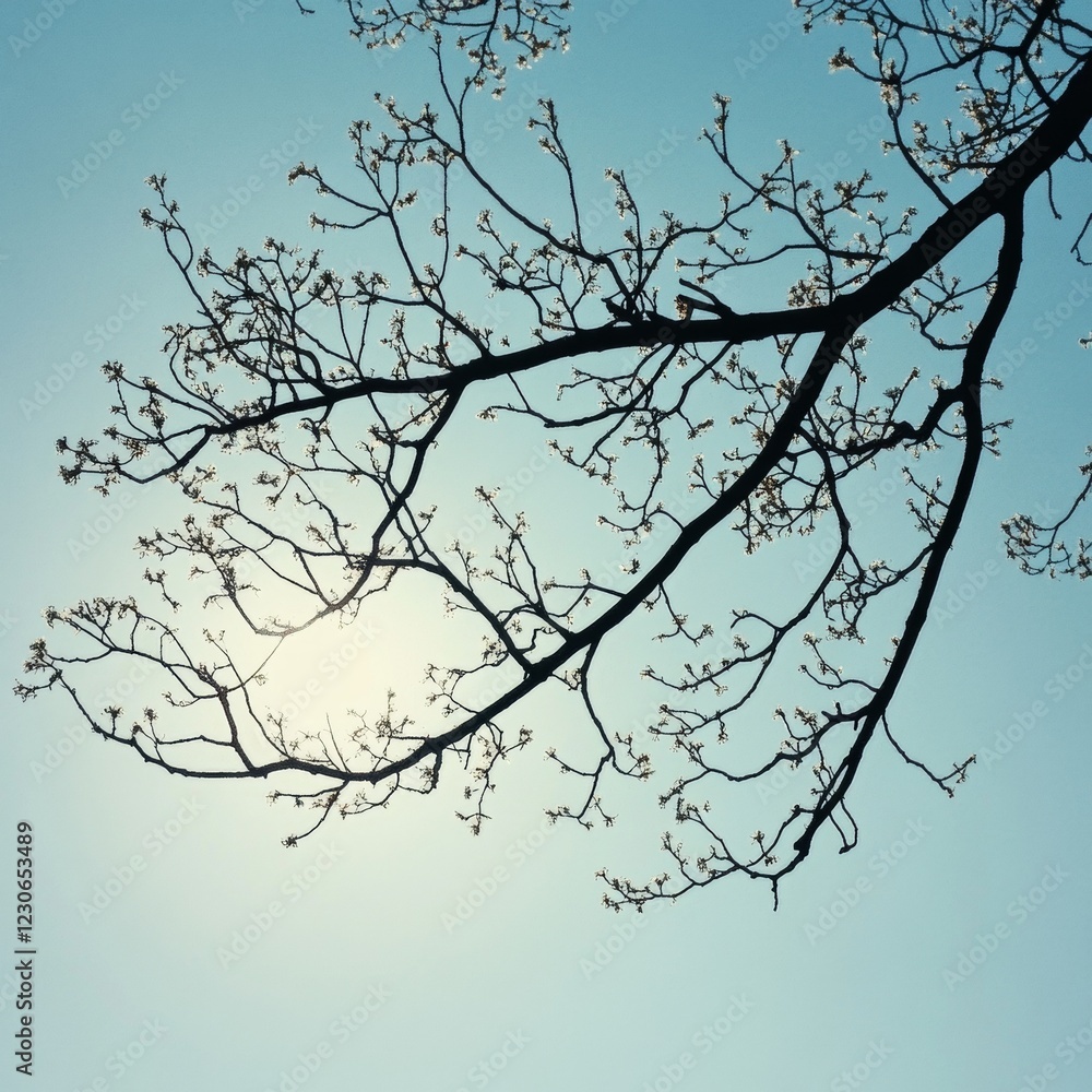 Obraz premium Spring Branches Against a Pale Blue Sky
