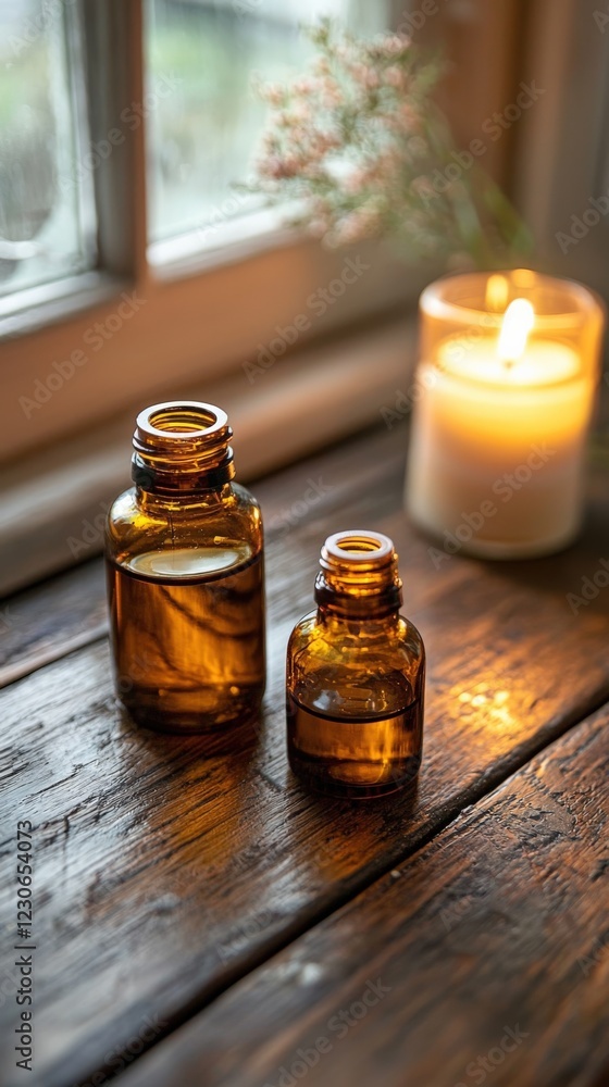 Aromatic Essential Oils in Amber Bottles with Candlelight Ambiance Aromatic Essential Oils in Amber Bottles with Candlelight Ambiance