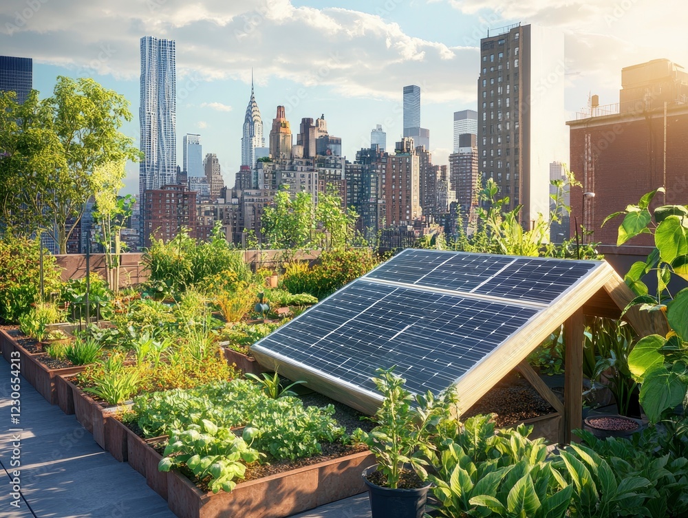 Fototapeta premium A rooftop garden filled with lush plants and solar panels, urban skyline in the background, vibrant green colors, sunny atmosphere