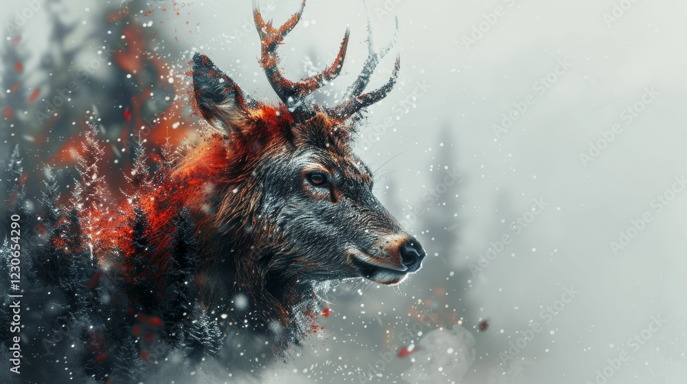 Obraz premium A deer with red antlers is standing in a snowy forest