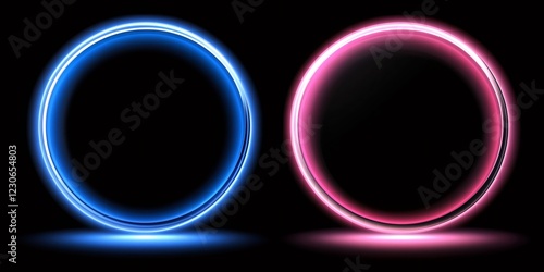 Vibrant blue and pink neon circles glimmering against deep black background, radiating electric, contemporary visual energy