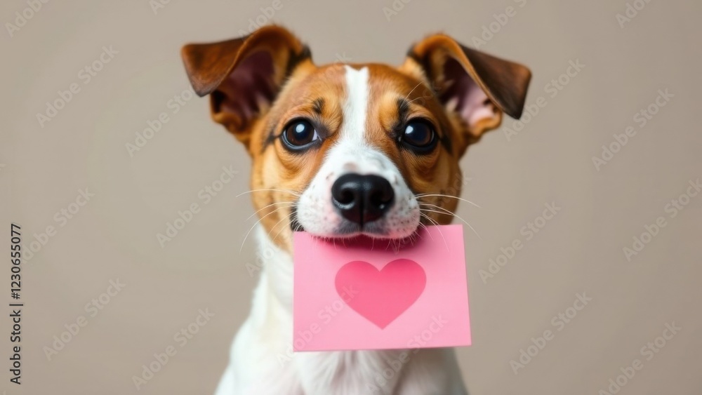Jack Russell Terrier dog holds a valentine card in his teeth on a plain background Jack Russell Terrier dog holds a valentine card in his teeth on a plain background