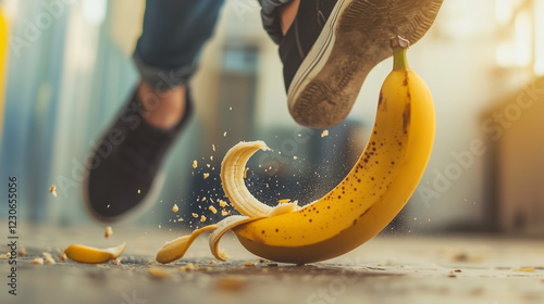 Person slipping on banana peel in dramatic motion photo