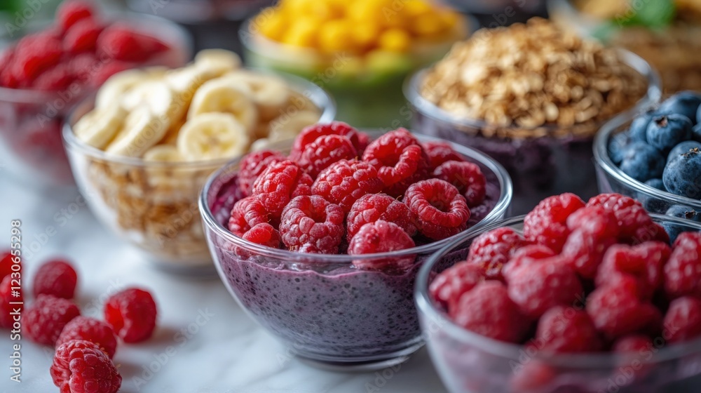Fruit and Granola Assortment on a Marble Countertop. Generative AI Fruit and Granola Assortment on a Marble Countertop. Generative AI