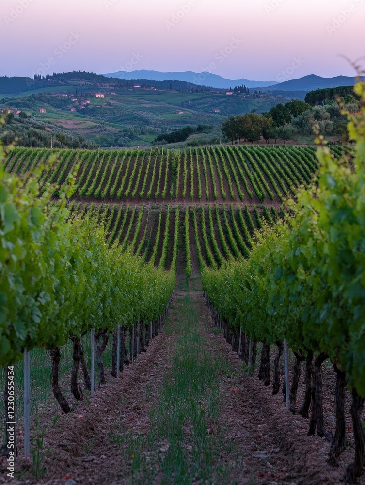 Obraz premium Breathtaking views of the beautiful evening landscapes of the Tuscany region, vineyards and rolling hills