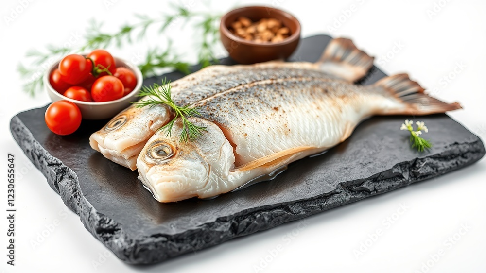 Delicious Fish Fillet on Black Stone Board with Herbs and Spices Delicious Fish Fillet on Black Stone Board with Herbs and Spices