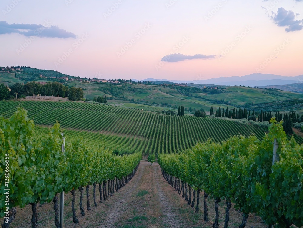 Fototapeta premium Breathtaking views of the beautiful evening landscapes of the Tuscany region, vineyards and rolling hills