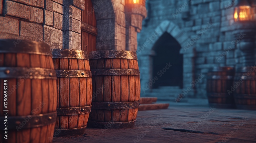 Wooden Barrels Resting Near Medieval Castle Walls Wooden Barrels Resting Near Medieval Castle Walls